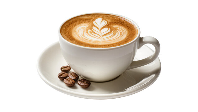 Isolated steaming latte coffee in white cup with elegant art and roasted beans on saucer