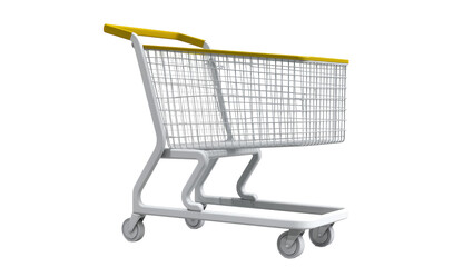 Isolated modern shopping cart with yellow handle, sleek design, and grey frame, 3D render. © Maria