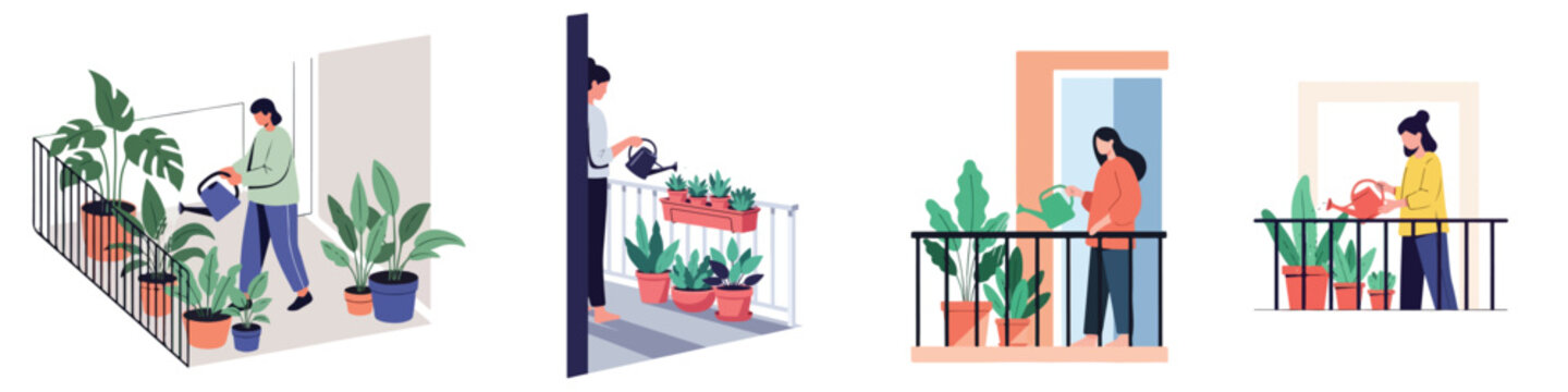 Minimal vector scene of balcony gardening, person watering houseplants, calm lifestyle activity at home, pastel colors, clean shapes, no outlines, white background.