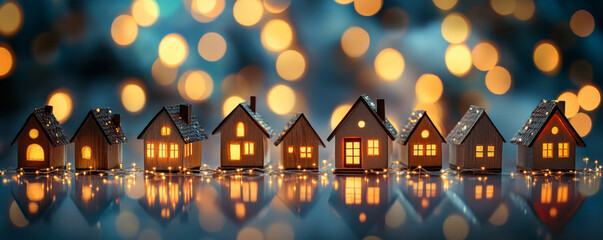 Naklejka premium Cozy Miniature Village with Warm Lights and Bokeh Background