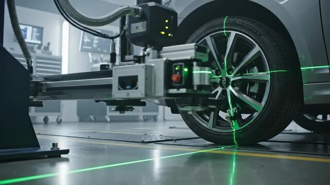 Video of a wheel alignment machine with active laser guide motion in a professional service bay, automotive maintenance technology concept for repair shop marketing and industrial branding.