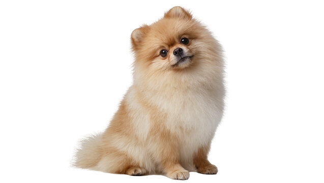 Isolated fluffy Pomeranian dog sitting and looking playfully at camera with a head tilt
