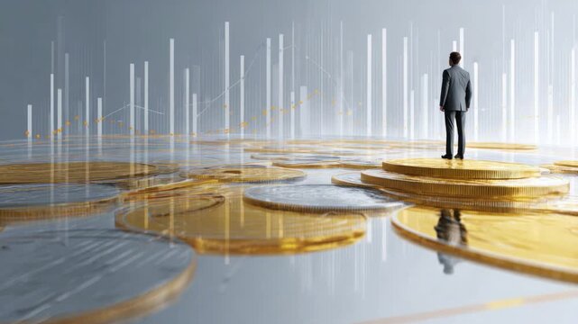 Financial Ascent: A solitary figure, poised on a bed of coins, surveys a dynamic landscape of financial growth, symbolizing ambition and foresight in the business world.