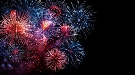 Fototapeta premium Colorful red and blue fireworks exploding in the night sky with bright bursts and trails against a dark background.