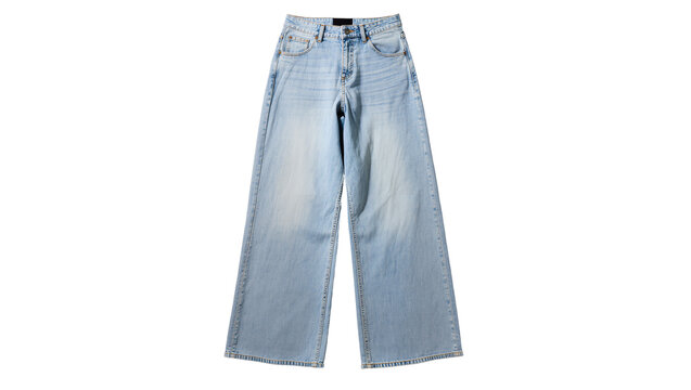 Isolated light blue faded high-waisted wide-leg denim jeans for modern casual fashion style