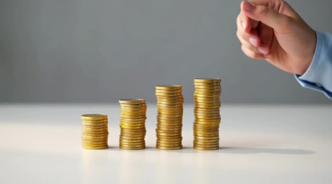 A hand stacking gold coins in ascending order in a video about saving money insurance and safety concept