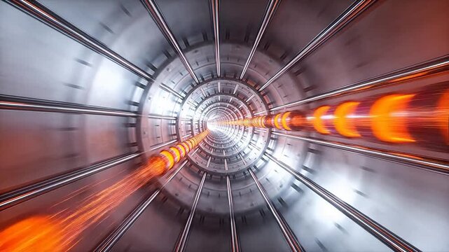 Futuristic circular particle accelerator tunnel with orange lights