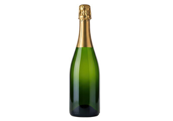 Green champagne bottle with gold foil on transparent background