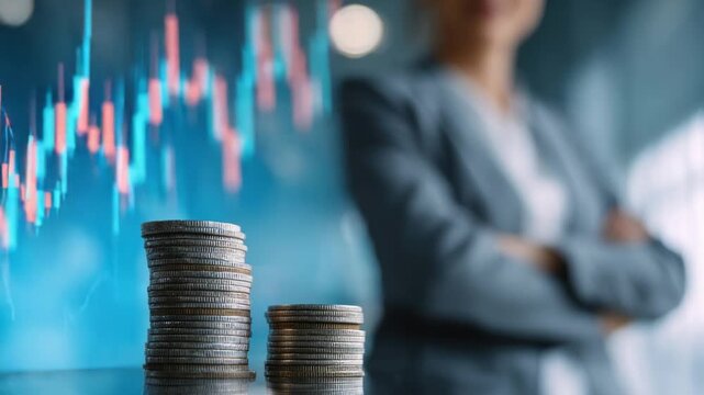 Financial Strategy and Foresight: A composed female businessperson gazes intently, with a stack of coins in the foreground, against a backdrop of a dynamic financial chart.