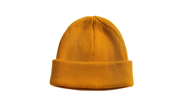 Isolated vibrant mustard yellow ribbed knit beanie hat for cold weather fashion accessory