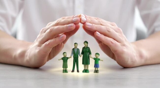 A person shielding a family with their hands in a protective video gesture. insurance and safety concept