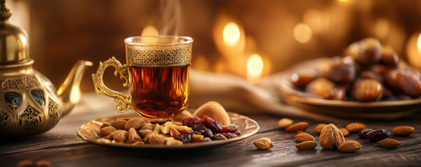 Obraz premium Elegant Arabic Tea with Nuts and Dried Fruits