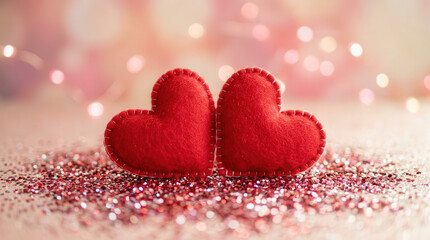 Fototapeta premium Romantic Red Heart Plush Toys on Sparkling Glitter Surface for Love Themes