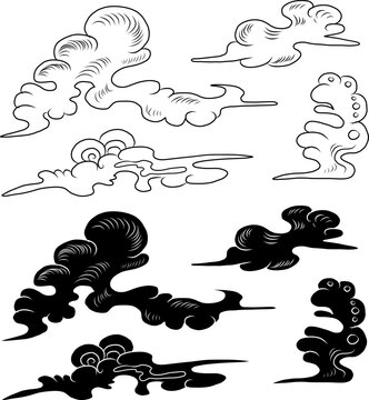 Chinese wave and clouds.Japanese wave for tattoo design.Wave vector illustration for doodle art on white isolated background.water splash vector set.