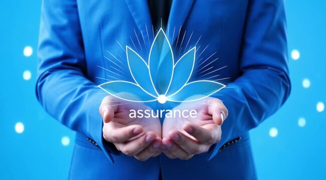 A businessman in a blue suit holding a glowing assurance logo in his hands in a video about business and finance. insurance and safety concept