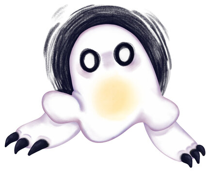 Cute white ghost character with sharp black claws and yellow glowing belly, spooky halloween illustration