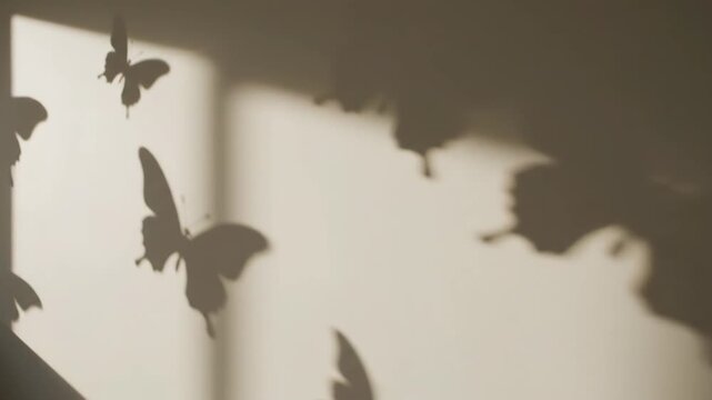 Video of butterfly shadow overlay with moving silhouettes on minimal wall background, abstract nature-inspired light play for modern interior and creative branding visuals.