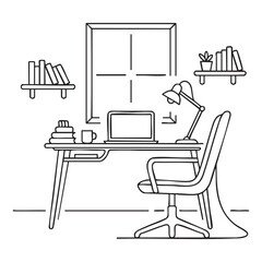Fototapeta premium Minimalist black and white of a home office with a desk, laptop, chair, and bookshelves