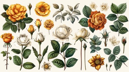 Fototapeta premium Botanical rose illustration collection with flowers leaves stems and buds in vintage scientific botanical style isolated on light background Generative AI
