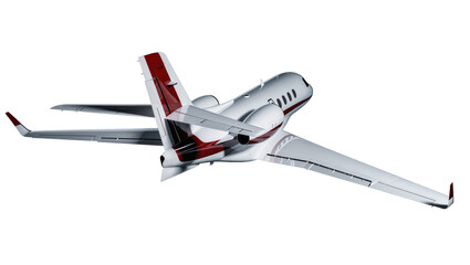 Isolated sleek modern luxury private jet aircraft with red trim in dynamic flight © Maria