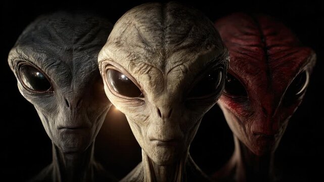 Alien Portraits: Three extraterrestrial beings, each with unique skin tones, stare intently, creating a sense of mystery and intrigue with their enigmatic expressions.