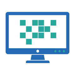 Blue computer monitor displays green squares on screen with white background