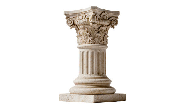 Isolated classical marble column capital and pedestal with intricate carvings on simple base