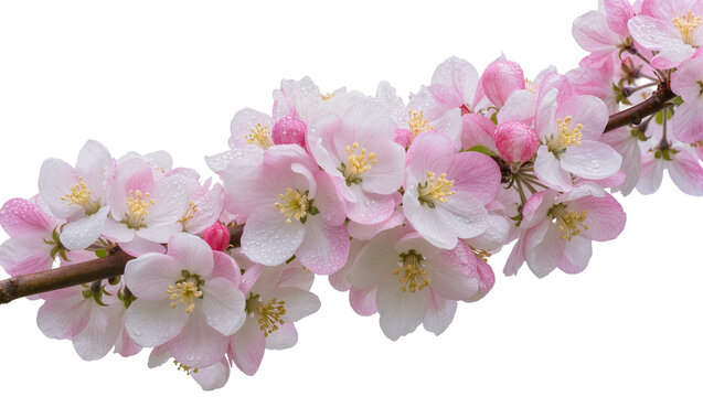 Isolated blooming apple tree branch with delicate pink and white blossoms and water droplets