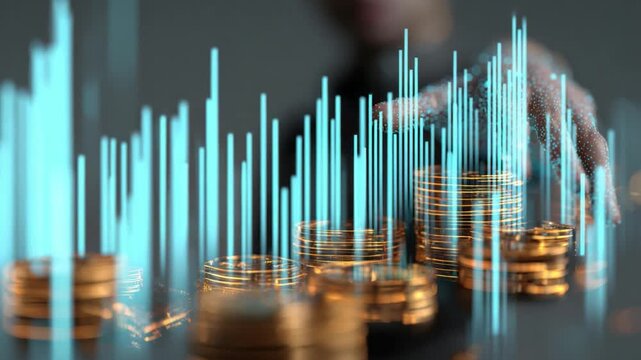 Financial Growth: A conceptual image illustrating the upward trajectory of financial success, a hand gently interacts with stacks of golden coins and illuminated data charts.
