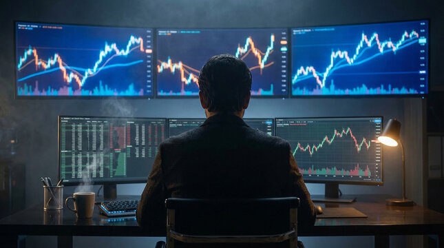 Back view of a professional trader analyzing stock market data and financial charts on multiple screens