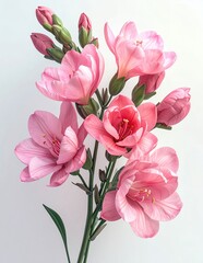 Obraz premium Vibrant Pink Freesia Flowers Blooming on a White Background.