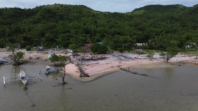 Aerial drone view of Scallop Beach on Guimaras Island Philippines showing tropical water and scallop shell shoreline. Scenic island coast surrounded by lush vegetation and peaceful seaside.