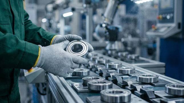 Industrial worker inspects a ball bearing on a factory assembly line. Precision manufacturing and quality control in action