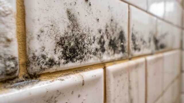 Bathroom wall tiles showing black mold and mildew