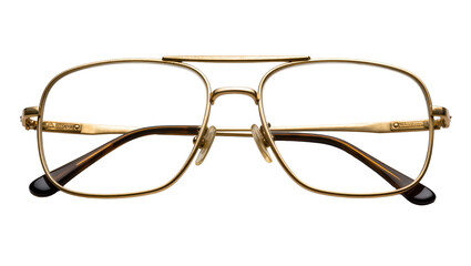Isolated classic gold-tone aviator eyeglasses with a sleek design and dark temple tips. © Maria