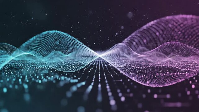 Video of Quantum Data Field Visualization featuring dynamic energy waves and subatomic particle flow for cybersecurity campaigns, cloud computing platforms and next-generation tech storytelling in a