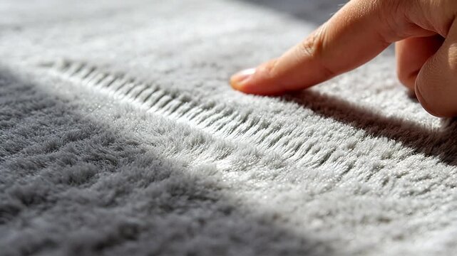 Hand touching soft gray fabric showing textile texture