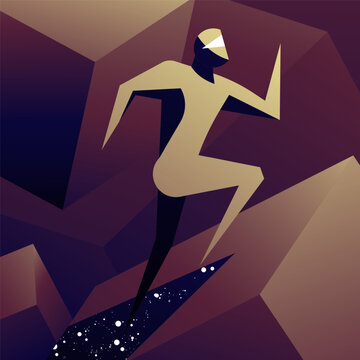 Geometric human character, celestial space background for sports and tech posters illustration. Starry night style for fitness and wellness branding.