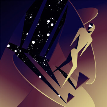 Geometric human character, celestial space background for sports and tech posters illustration. Starry night style for fitness and wellness branding.