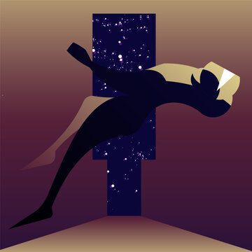 Geometric human character, celestial space background for sports and tech posters illustration. Starry night style for fitness and wellness branding.