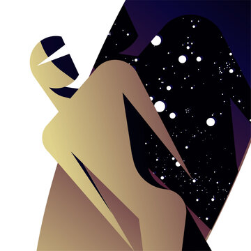 Geometric human character, celestial space background for sports and tech posters illustration. Starry night style for fitness and wellness branding.