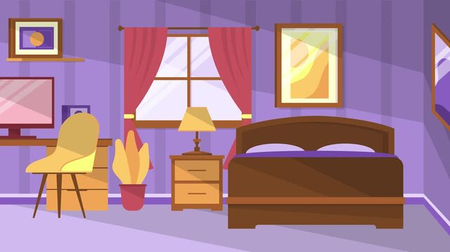 Cozy Bedroom Interior Flat Design Illustration with Bed Desk and Window Warm Ambiance