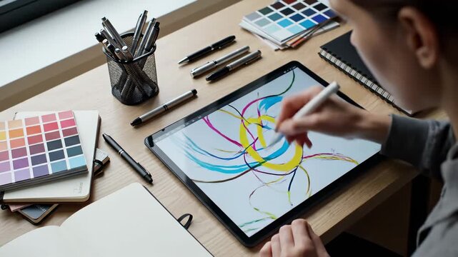 Video of graphic design workspace with tablet sketch motion and organized creative tools layout, modern digital art studio concept for branding and content creation.