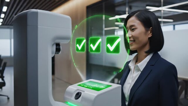 Asian woman in business attire interacts with facial recognition technology, receiving confirmation on a digital display in a modern office environment with colleagues visible