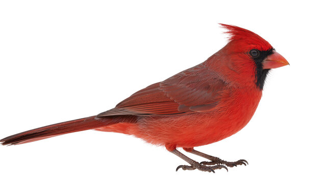 Isolated male Northern Cardinal bird with vibrant red plumage, perching, side view portrait.