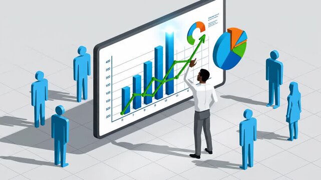 Business data analysis with team observing chart growth and market performance in cartoon style illustration for presentations and business solutions