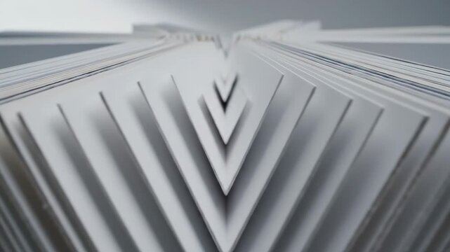 Video of stacked paper layers forming a sculptural abstract arrangement, clean editorial backdrop for corporate presentations and print industry visuals.
