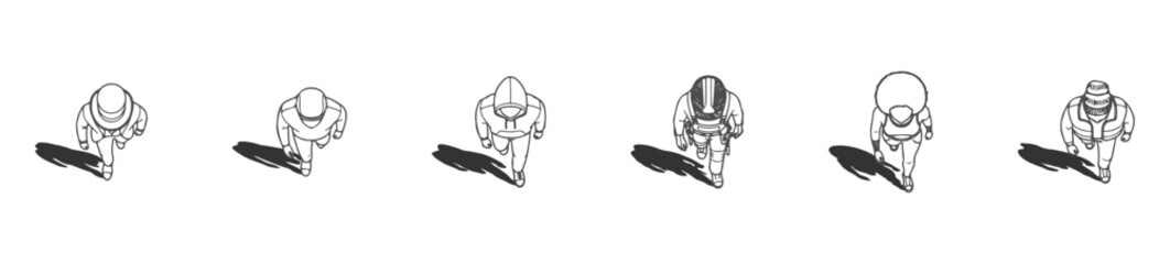 Top view walking people set with long shadows, architectural plan style human figures, detailed outline pedestrians for urban planning, CAD floor plan characters © MkJutt