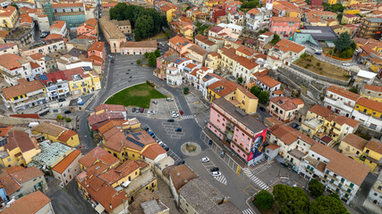 A scenic urban landscape capturing traditional Mediterranean architecture. Aerial view of the main square of Rionero in Vulture, a small town in province of Potenza, Basilicata, Southern Italy.