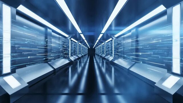 Digital Transformation Tunnel \'96 Light corridor future tech, immersive futuristic corridor formed by symmetrical metallic panels and continuous LED light strips stretching into deep